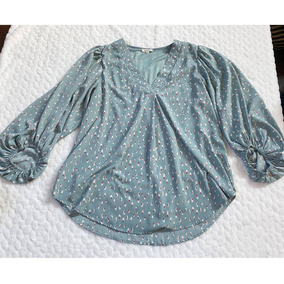 Mint Green Printed V-Neck Bubble long sleeve blouse - Picture 8 of 16